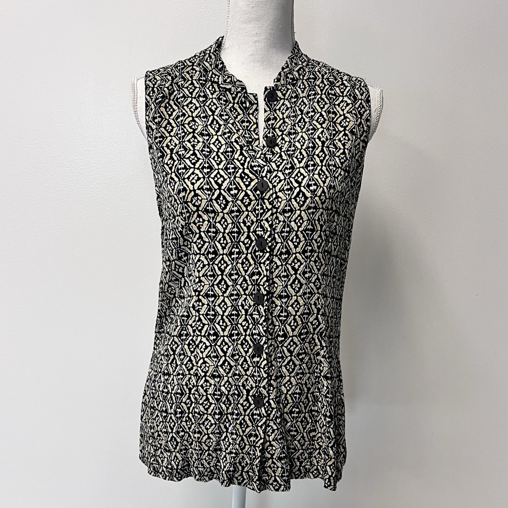 Black/ Gold Sleeveless Button Down Blouse Size Large Geometric Design